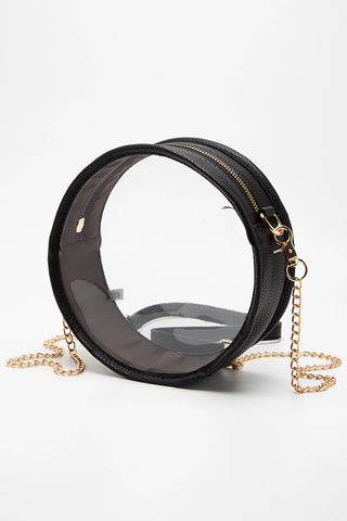 CLEAR STADIUM BAG WITH BLACK TRIM AND GOLD CHAIN STRAP 