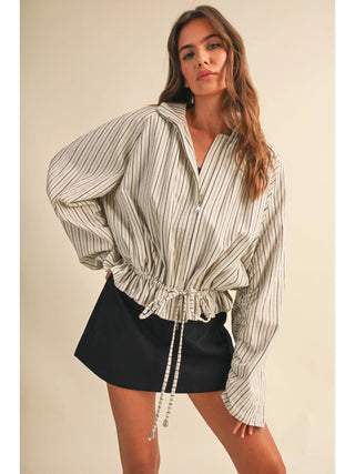 BEIGE AND BLACK LINEN STRIPED PRINTED BALLON SLEEVE JACKET WITH DRAWSTRING HEM 