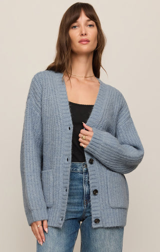 MINERAL BLUE CARDIGAN, BUTTON DOWN WITH FRONT POCKETS