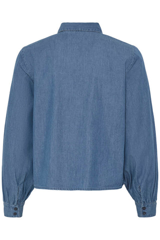 RUFFLE FRONT CHAMBRAY BLOUSE