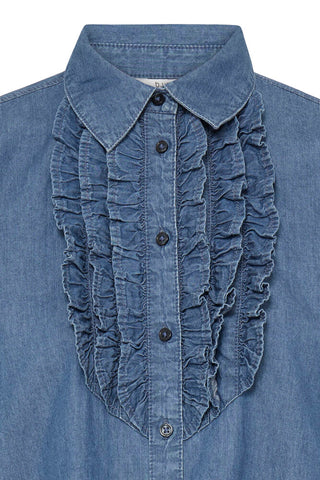 RUFFLE FRONT CHAMBRAY BLOUSE
