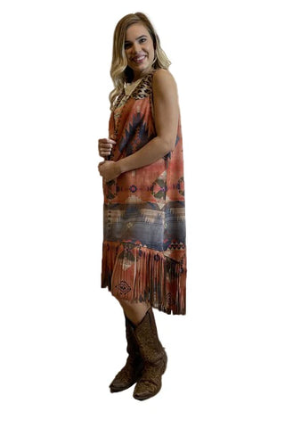 WESTERN TRIBAL PRINT VEST WITH FRINGE 