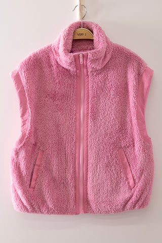 PINK SHERPA VEST WITH MOCK NECK, FRONT ZIPPER AND POCKETS