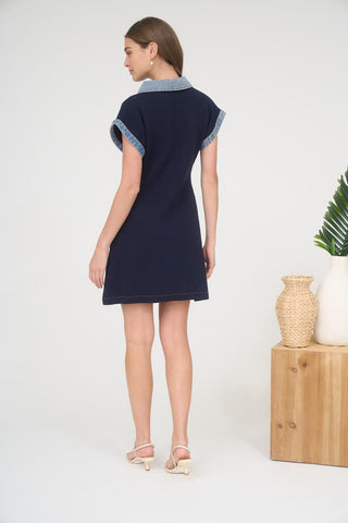 LIGHT AND DARK DENIM MIDI DRESS, BUTTON DOWN WITH COLLAR