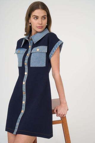 LIGHT AND DARK DENIM MIDI DRESS, BUTTON DOWN WITH COLLAR