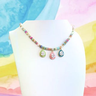 Colorful beaded necklace with teardrop-shaped charms