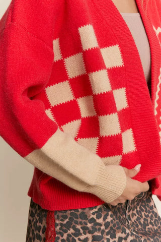 J.nna - RED GEOMETRIC OPEN CARDI