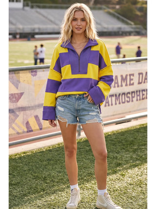 PURPLE & YELLOW STRIPED ZIP UP PULLOVER SWEATSHIRT 