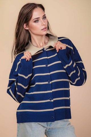 NAVY BLUE & BEIGE STRIPED BUTTON DOWN CARDI WITH COLLAR 