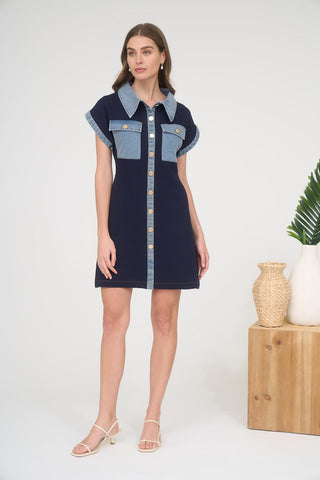 LIGHT AND DARK DENIM MIDI DRESS, BUTTON DOWN WITH COLLAR