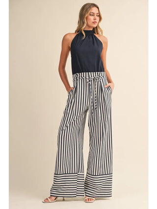navy halter top and NAVY and white striped wide-leg JUMPSUIT 