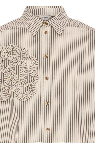 RUFFLE DETAIL PINSTRIPE BUTTON-UP