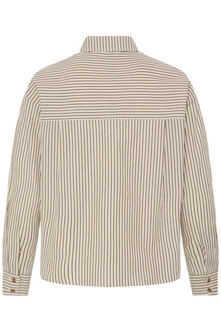 RUFFLE DETAIL PINSTRIPE BUTTON-UP