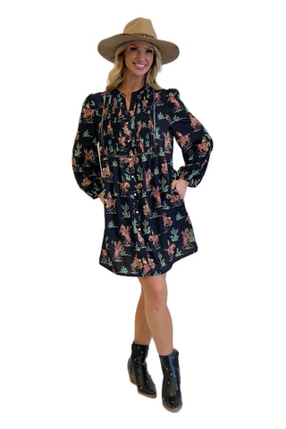LONG SLEEVE NAVY DRESS WITH WESTERN PRINT 