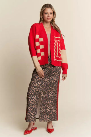 J.nna - RED GEOMETRIC OPEN CARDI