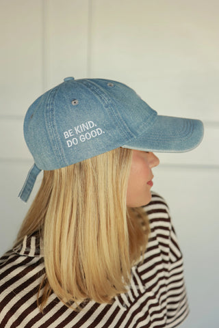 DENIM BASEBALL CAP THAT READS BE KIND ON IT 