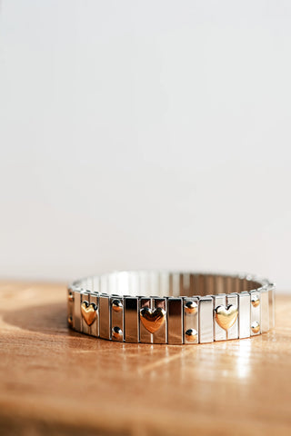 STRETCHY METAL BRACELET, MIXED METALS WITH HEART DESIGN