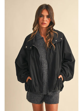 FUNNEL NECK BUBBLE HEM BLACK JACKET, ZIP UP 
