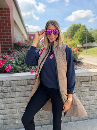 LONG QUILTED TAUPE VEST