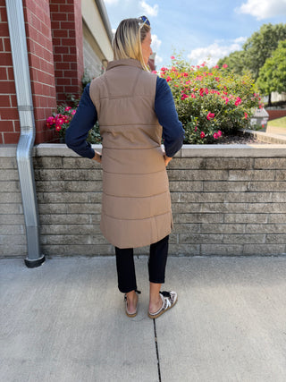 LONG QUILTED TAUPE VEST