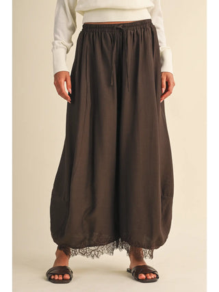 LOOSE BARREL PANTS WITH LACE TRIM, DRAWSTRING, DARK BROWN 