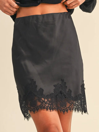 BLACK SATIN MINI SKIRT WITH LACE HEM 