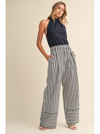 navy halter top and NAVY and white striped wide-leg JUMPSUIT 
