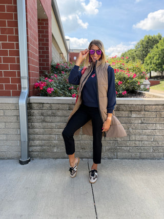 LONG QUILTED TAUPE VEST
