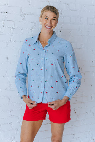 CHERRY BUTTON UP AND RED SHORT
