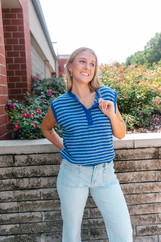 white striped short-sleeve henley top