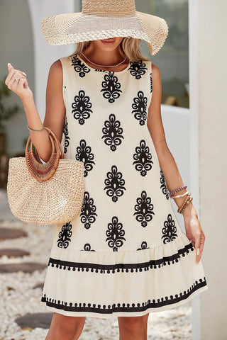 Geometric SS Mini Dress-Beige