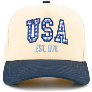 BLUE GIGHAM CHECKERED USA TRUCKER HAT