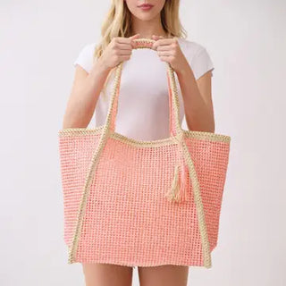 TWO TONE PINK & BEIGE WOVEN STRAW TOTE BAG 