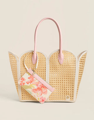 CANE BEACH TOTE WITH FLORAL WRISTLET, PINK FAUX LEATHER HANDLES