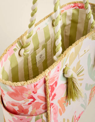 CLOSE UP OF INNER PART OF FLORAL ROPE BEACH TOTE 