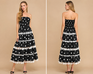 strapless black and white maxi