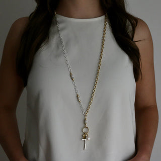 LONG TWO TONE NECKLACE WITH CROSS AND PEARL CHARMS