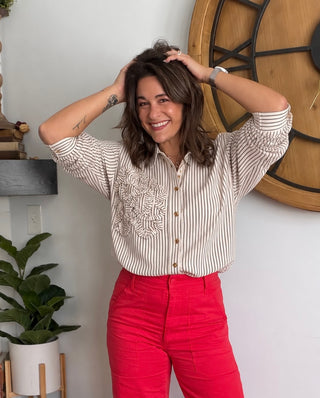 RUFFLE DETAIL PINSTRIPE BUTTON-UP