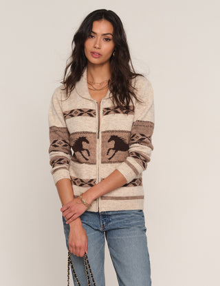 CREAM & BROWN CARDIGAN WITH ZIPPER- HORSE DESIGN 
