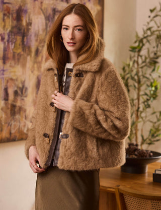 FAUX FUR TOGGLE CLOSURE COAT WITH LEATHER ACCENTS 