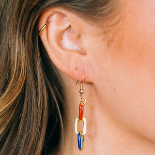 RED WHITE AND BLUE ENAMEL CHAIN EARRINGS