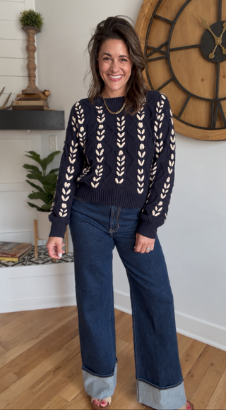 NAVY CABLE KNIT SWEATER