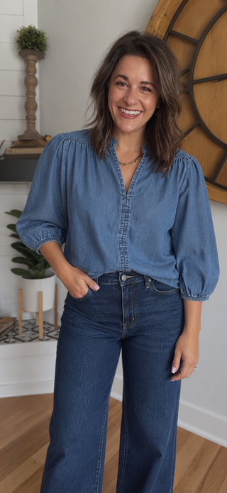 PUFF SLEEVE CHAMBRAY BLOUSE