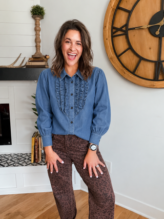 RUFFLE FRONT CHAMBRAY BLOUSE