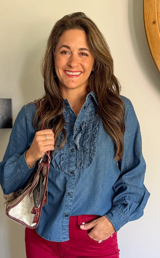 RUFFLE FRONT CHAMBRAY BLOUSE