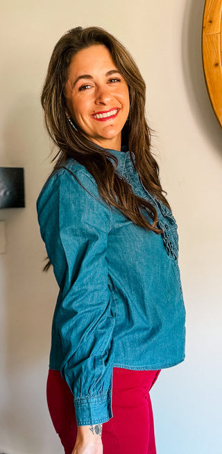 RUFFLE FRONT CHAMBRAY BLOUSE