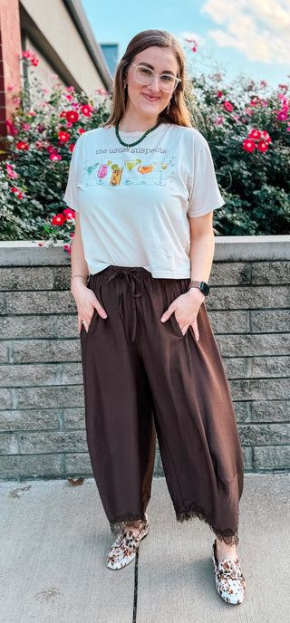 LACE TRIM BARREL PANTS