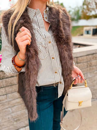 RUFFLE DETAIL PINSTRIPE BUTTON-UP