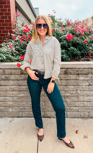RUFFLE DETAIL PINSTRIPE BUTTON-UP