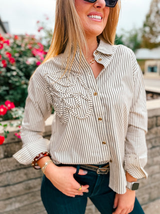 RUFFLE DETAIL PINSTRIPE BUTTON-UP
